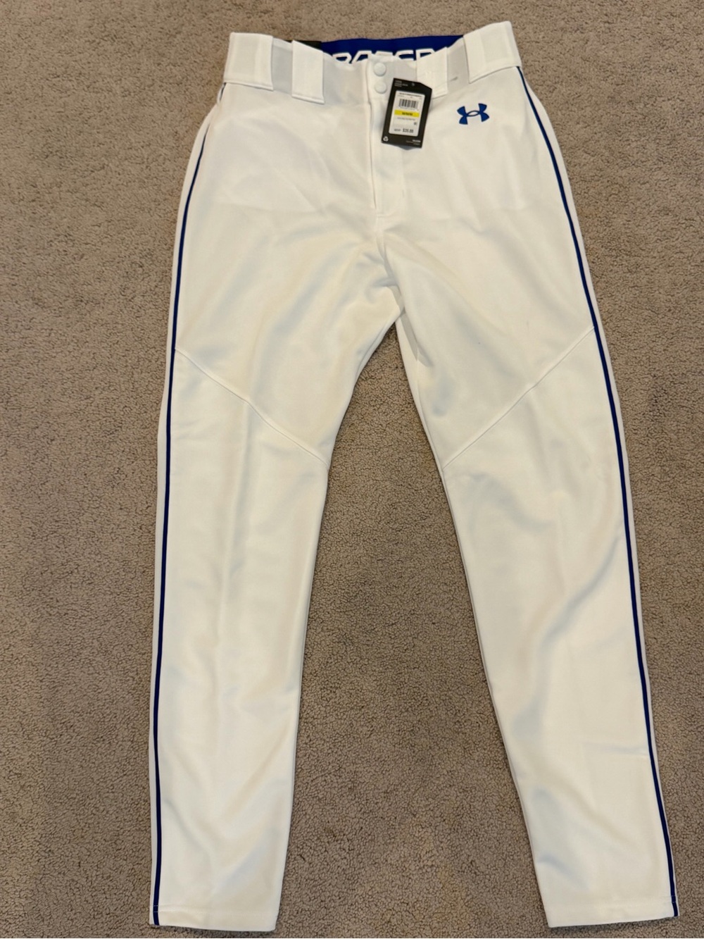 Under Armour Men’s White Baseball Pants with Blue Accent Trim